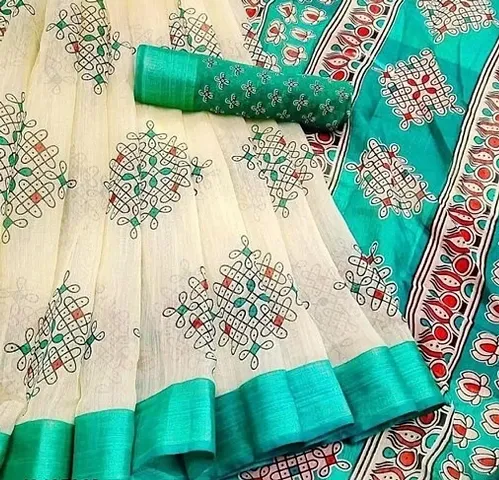 Multicoloured Cotton Printed Saree with Blouse Piece