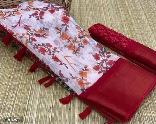 Red Cotton Blend Printed Sarees For Women
