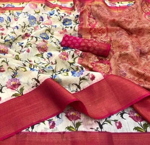 Elegant Cotton Printed Sarees With Blouse Piece