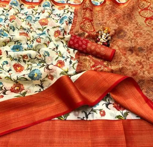 Cotton Floral Printed Zari Border Sarees With Blouse Piece