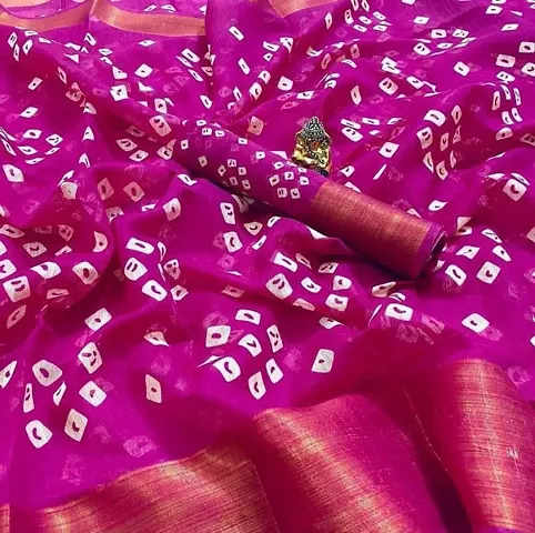 Alluring Soft Cotton Bandhani Printed Zari Border Saree with Blouse Piece