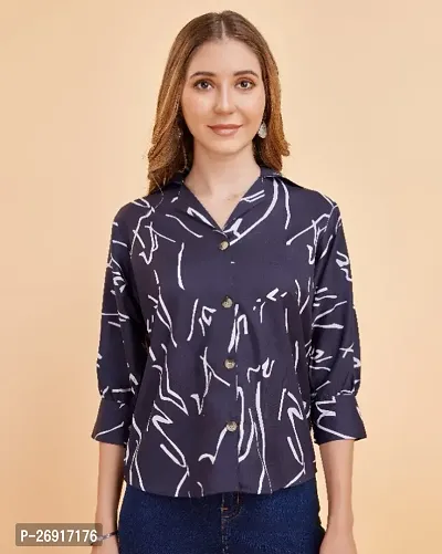 Classic Navy Blue Crepe Printed Striped Top For Women-thumb0