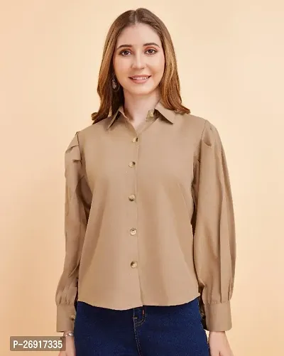 Classic Beige Crepe Solid Shirt With Balloon Sleeve For Women