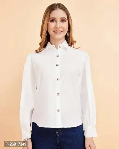 Classic White Crepe Solid Shirt With Balloon Sleeve For Women-thumb0