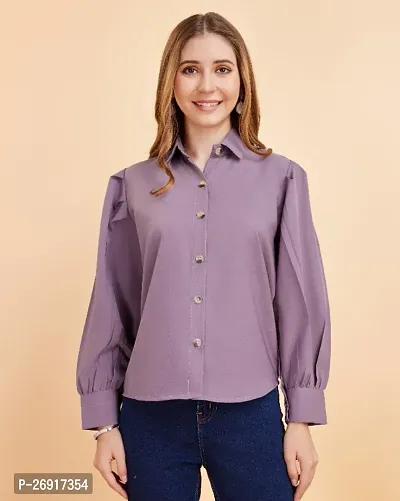 Classic Purple Crepe Solid Shirt With Balloon Sleeve For Women