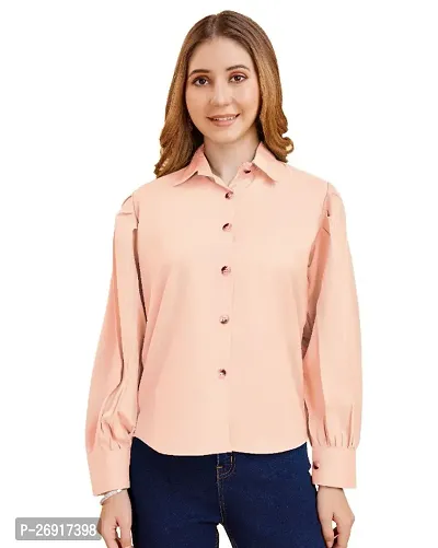 Classic Peach Crepe Solid Shirt With Balloon Sleeve For Women-thumb0