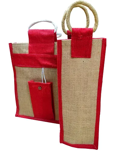 Samarth Red and Beige Water bottle jute Bag and jute Handbags Combo Pack