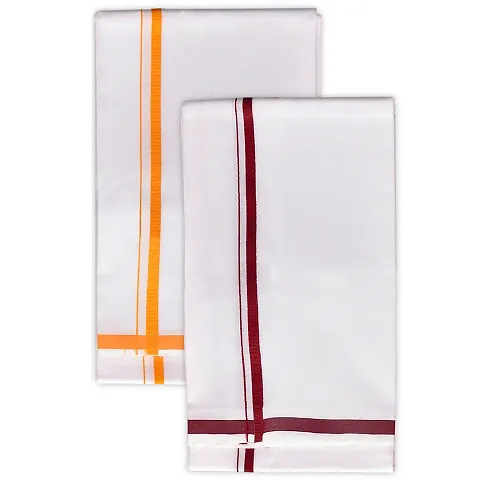 SSS 100% Cotton White Dhoti With Colored Border For Men's, Size-2 meters (Dhotis)-Pack of 2