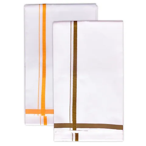 SSS 100% Cotton White Dhoti With Colored Border For Men's, Size-2 meters (Dhotis)-Pack of 2
