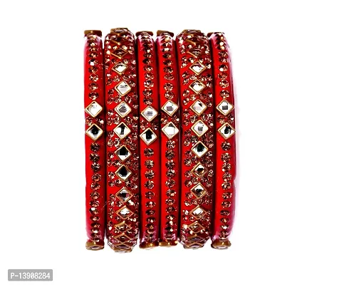 ISHIKA Glass Studded With Zircon Beads Gemstone Kada Set For Women and Girls Red Color Bangle Set _(Pack Of 6 Bangle/Kada Set)-thumb0