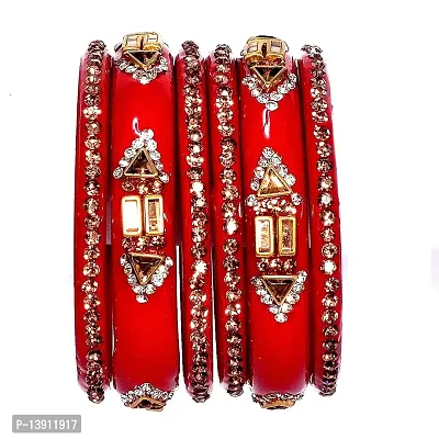 ISHIKA Glass Glossy Finish Studded With Zircon Beads Bridal Bangle Set For Women and Girls Red Color Bangle Set _(Pack Of 6 Bangle Set)