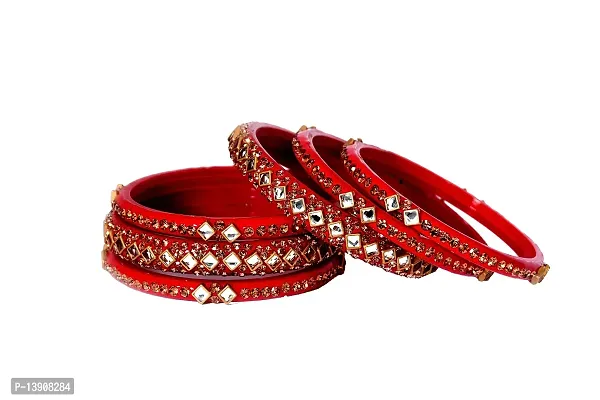 ISHIKA Glass Studded With Zircon Beads Gemstone Kada Set For Women and Girls Red Color Bangle Set _(Pack Of 6 Bangle/Kada Set)-thumb2