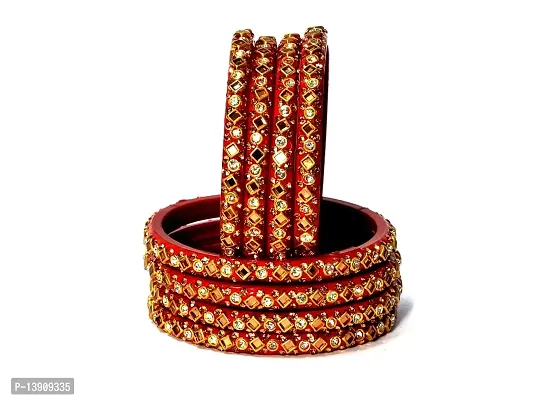 ISHIKA Glass Glossy Finish Studded With Zircon Beads and Gemstone Bangle Set For Women and Girls Red Color Bangle Set _(Pack Of 8 Bangle Set)