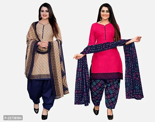 Elegant Multicoloured Cotton Printed Dress Material with Dupatta For Women Pack Of 2