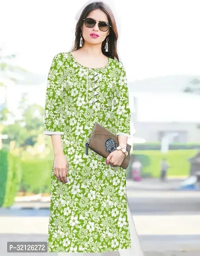 Stylish Green Khadi Cotton Printed Kurta For Women-thumb0