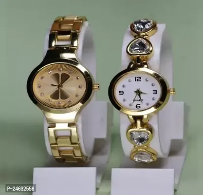 Stylish Golden Metal Analog Watches For Women Pack Of 2-thumb0