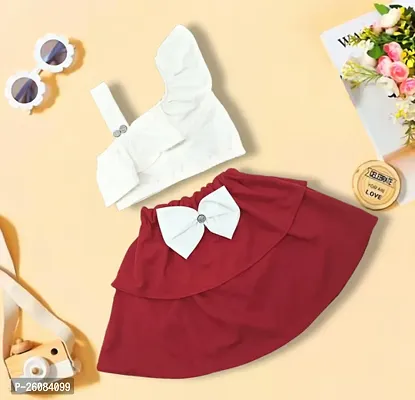 Stylish Cotton White Top And Red Skirt For Girl-thumb0