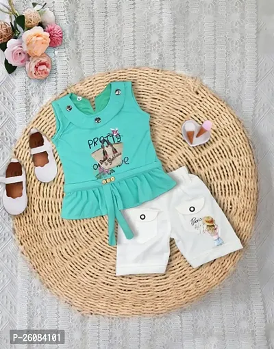 Stylish Cotton Green Top And White Short For Girl