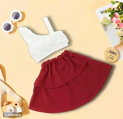 Stylish Cotton White Top And Red Skirt For Girl-thumb2