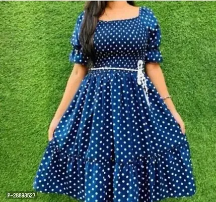 Stylish Blue Crepe Polka Dot A - Line Dress For Women