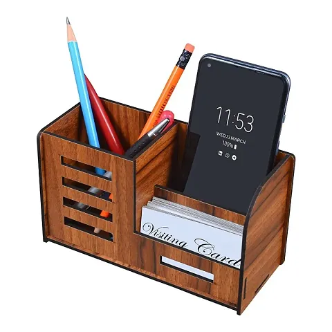 Pen Stand With Visiting Card  Mobile Holder | Multipurpose Wooden Desk Organizer Pen And Pencil Stand For Office Table With Business Card Holder Box And Mobile Stand