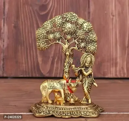 Metal Handcarved Antique Gold Finish Krishna Ji Idol Standing Above Kadam Tree With Cow Playing Flute Showpiece For Home Office Table Gift Item-thumb0