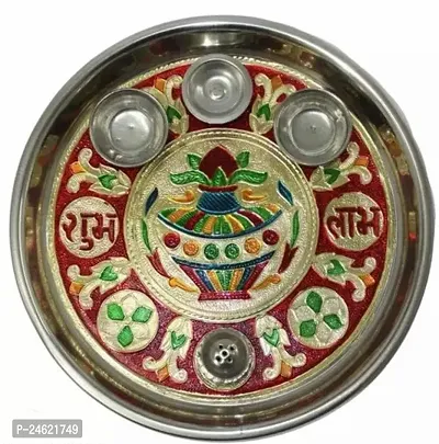 Beautiful Stainless Steel Handcrafted Rajasthani Meenakari Puja Plate Pooja Thali With Diya Deepak, Insense Stick Holder Agarbatti Stand And Two Small Bowl For Roli Chawal Akshat