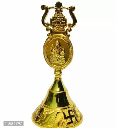 Beautiful Metals Decorative Ganesh Lakshmi Kuber Pooja Puja Hand Bell For Home Office Temple Gold 6Inch