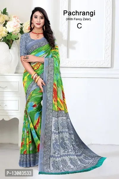 Stylish Chiffon Green Printed Saree with Blouse piece For Women