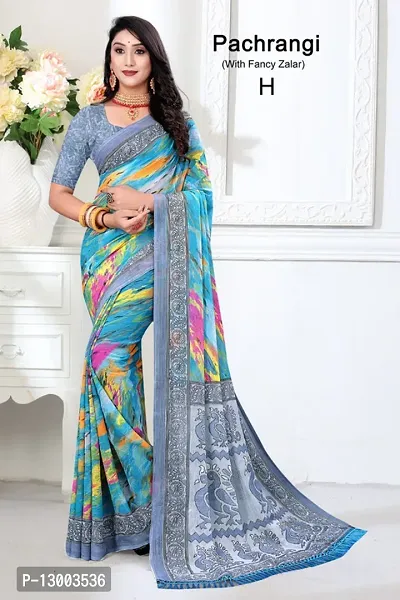 Stylish Chiffon Blue Printed Saree with Blouse piece For Women