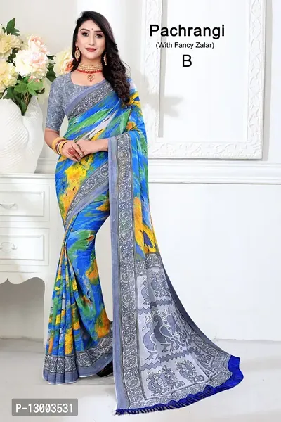 Stylish Chiffon Blue Printed Saree with Blouse piece For Women-thumb0