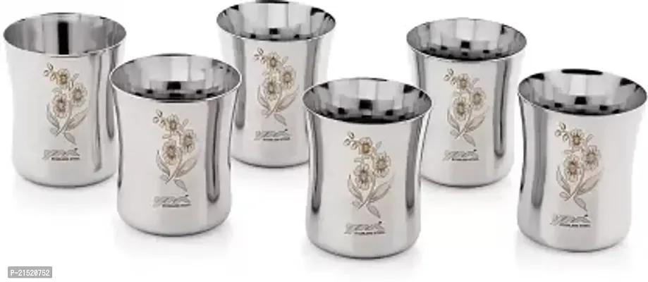 Stainless Steel Glasses, set of 6, Heavy weight, Laser printed Flower design, 300 ml-thumb0