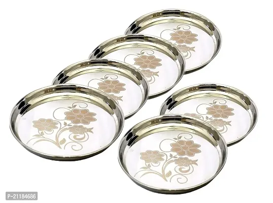 Stainless Steel Heavy Gauge Khumcha/Khomcha/Kumcha/Lunch and Dinner Plates/Thali with Mirror Finish and Beautiful Laser Design, Curved deep Wall Design 29 cm Dia - Set of 6 pc-thumb0