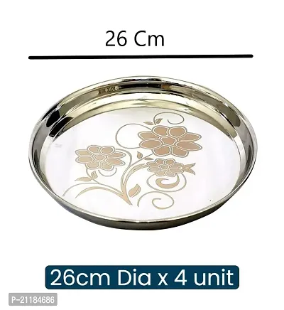 Stainless Steel Heavy Gauge Khumcha/Khomcha/Kumcha/Lunch and Dinner Plates/Thali with Mirror Finish and Beautiful Laser Design, Curved deep Wall Design 29 cm Dia - Set of 6 pc-thumb3