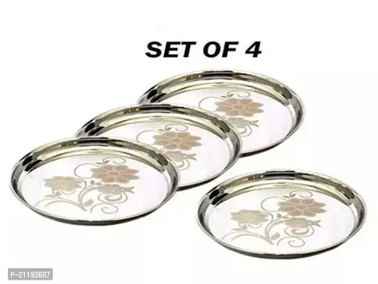 Stainless Steel Laser Design Dinner Plate Set of 4 (Full Size Plate Diamm. 29.5 CM with Floral Design)-thumb0