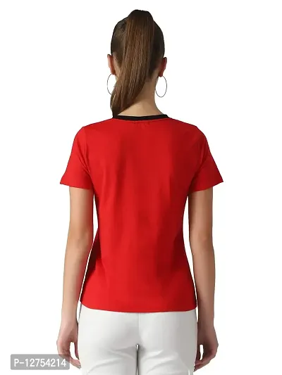 Popster Red & Black Color Block Cotton Round Neck Regular Fit Half Sleeve Womens T-Shirt-thumb3