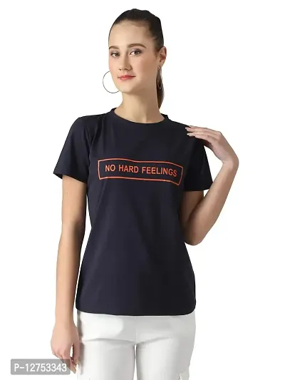 Popster Navy Blue Solid Cotton Round Neck Regular Fit Half Sleeve Womens T-Shirt