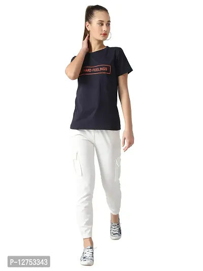 Popster Navy Blue Solid Cotton Round Neck Regular Fit Half Sleeve Womens T-Shirt-thumb5