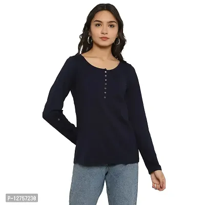 Popster Navy Blue Solid Cotton Henley Regular Fit Long Sleeve Womens Tshirt(POP0118412-BLU-L)