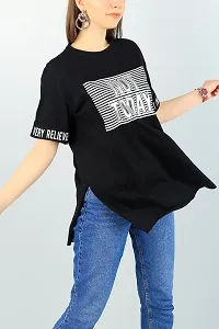 Black Printed Cotton Round Neck Loose fit Half Sleeve Womens T-Shirt-thumb2