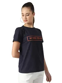 Popster Navy Blue Solid Cotton Round Neck Regular Fit Half Sleeve Womens T-Shirt-thumb3