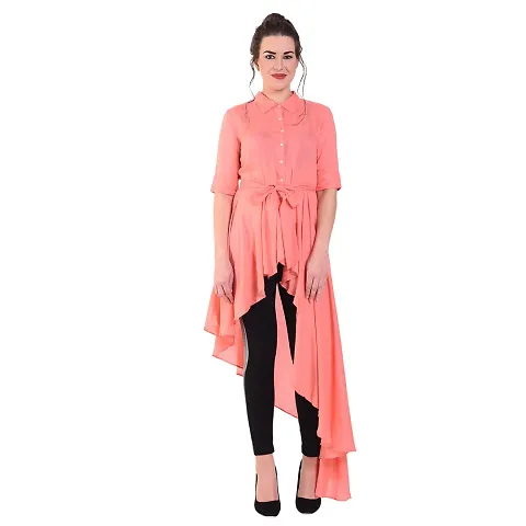 Peach Solid Cotton Collar Slim Fit Half Sleeve Women's Dress