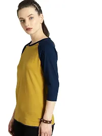 Mustard & Navy Blue Solid Cotton Round Neck Regular Fit Long Sleeve Women's T-shirt-thumb2