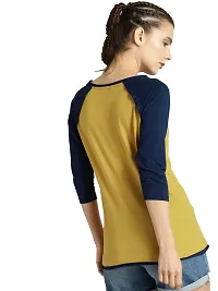 Mustard & Navy Blue Solid Cotton Round Neck Regular Fit Long Sleeve Women's T-shirt-thumb1