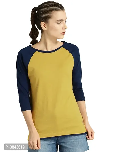 Mustard & Navy Blue Solid Cotton Round Neck Regular Fit Long Sleeve Women's T-shirt