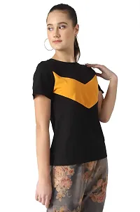 Popster Black & Mustard Color Block Cotton Round Neck Regular Fit Half Sleeve Womens T-Shirt-thumb3