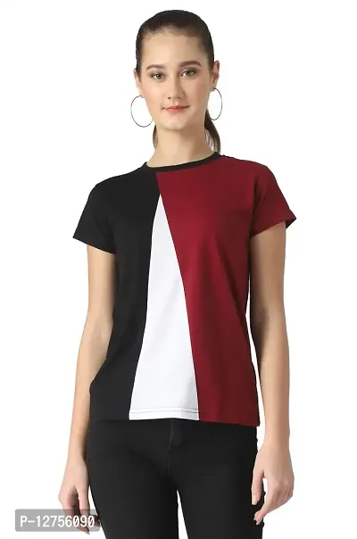 Popster Maroon & Black Color Blocked Cotton Round Neck Regular Fit Half Sleeve Womens T-Shirt(POP0720279-XL)