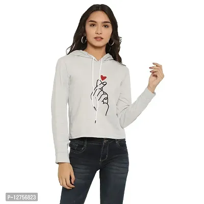 Popster Grey Printed Cotton Hoody Regular Fit Long Sleeve Womens Tshirt(POP0118439-GRY-S)-thumb0