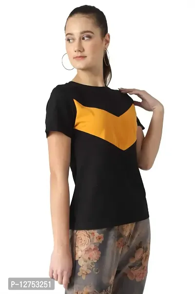 Popster Black & Mustard Color Block Cotton Round Neck Regular Fit Half Sleeve Womens T-Shirt-thumb4