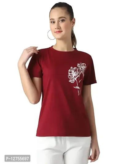 Popster Maroon Solid Cotton Round Neck Regular Fit Half Sleeve Womens T-Shirt-thumb0